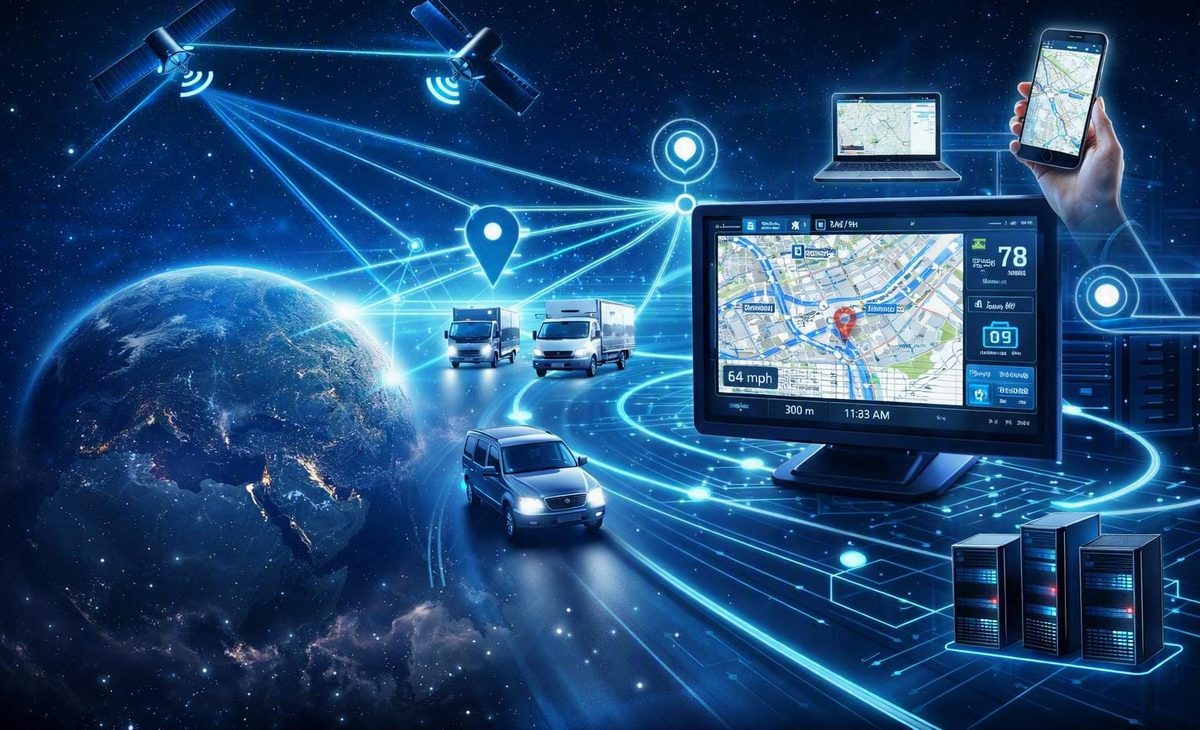 Satellite-connected GPS fleet tracking dashboard showing live vehicle locations