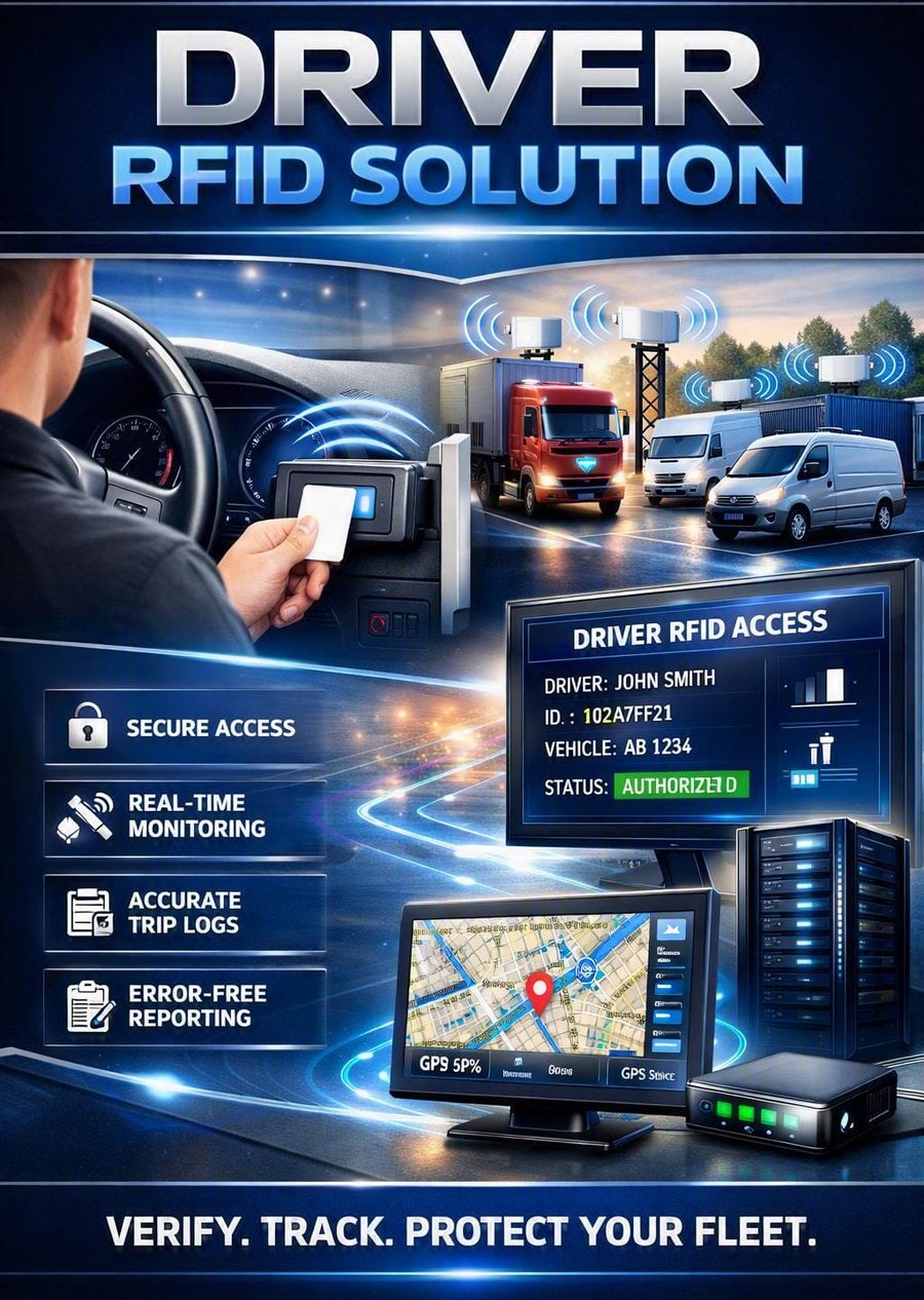 Driver tapping an RFID card to authenticate against a fleet vehicle, with live GPS and access status shown on screen