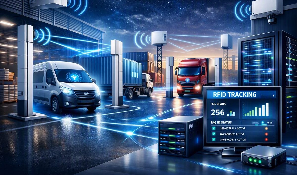 RFID reader gates tracking vans and trucks entering a warehouse yard with a live tag-read dashboard